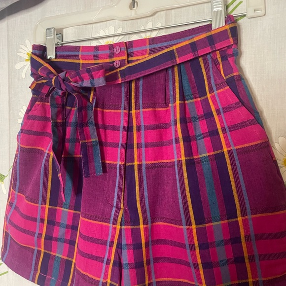 Vintage 80s jewel tone madras plaid high waisted paper bag loose fit mom shorts - Picture 5 of 6